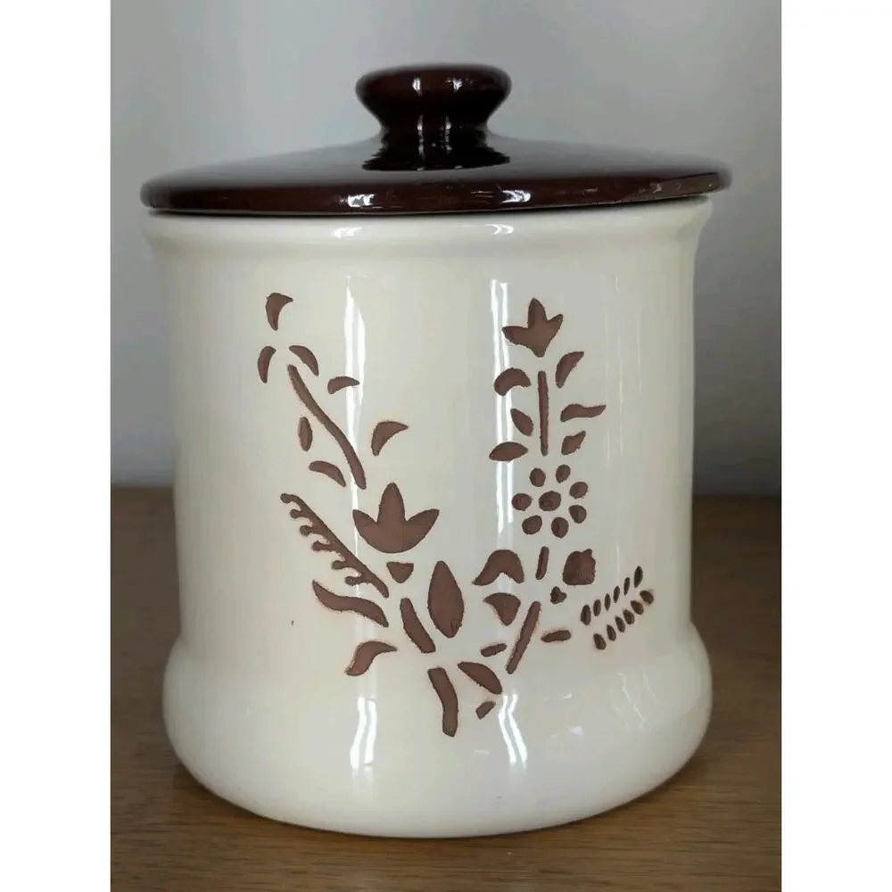 Vintage Holiday Designs USA Canister Set Of 3 Ceramic Brown White Floral Cut Out